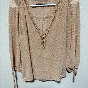 Zara Beige/Tan Printed Ruffle V-Neck Blouse